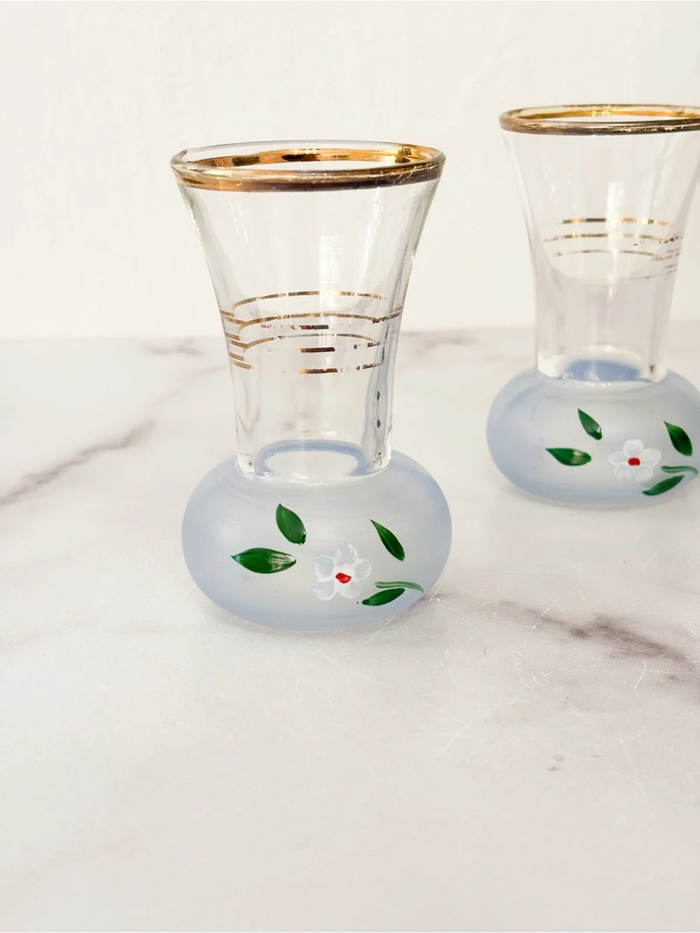 Hand-Painted Floral Glass Bud Vases with Gold Rim - Light Blue